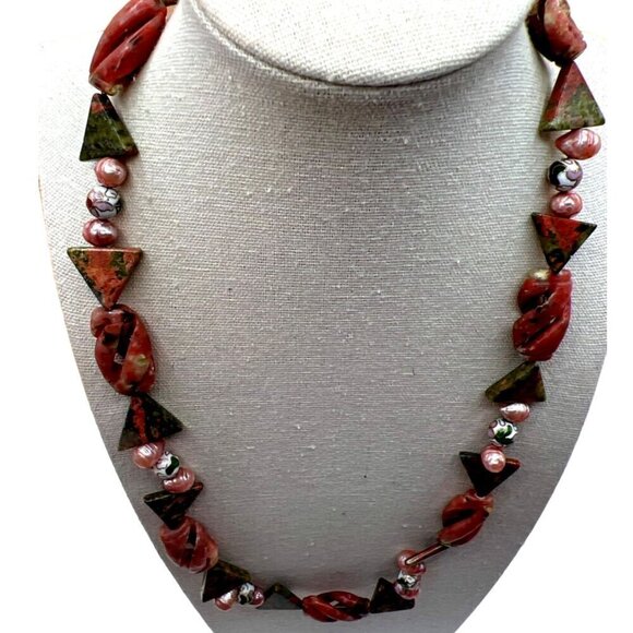 Handcrafted Unakite Pink Opal Pink Pearls & Cloisonné Beads Necklace.   B50 - Picture 2 of 16